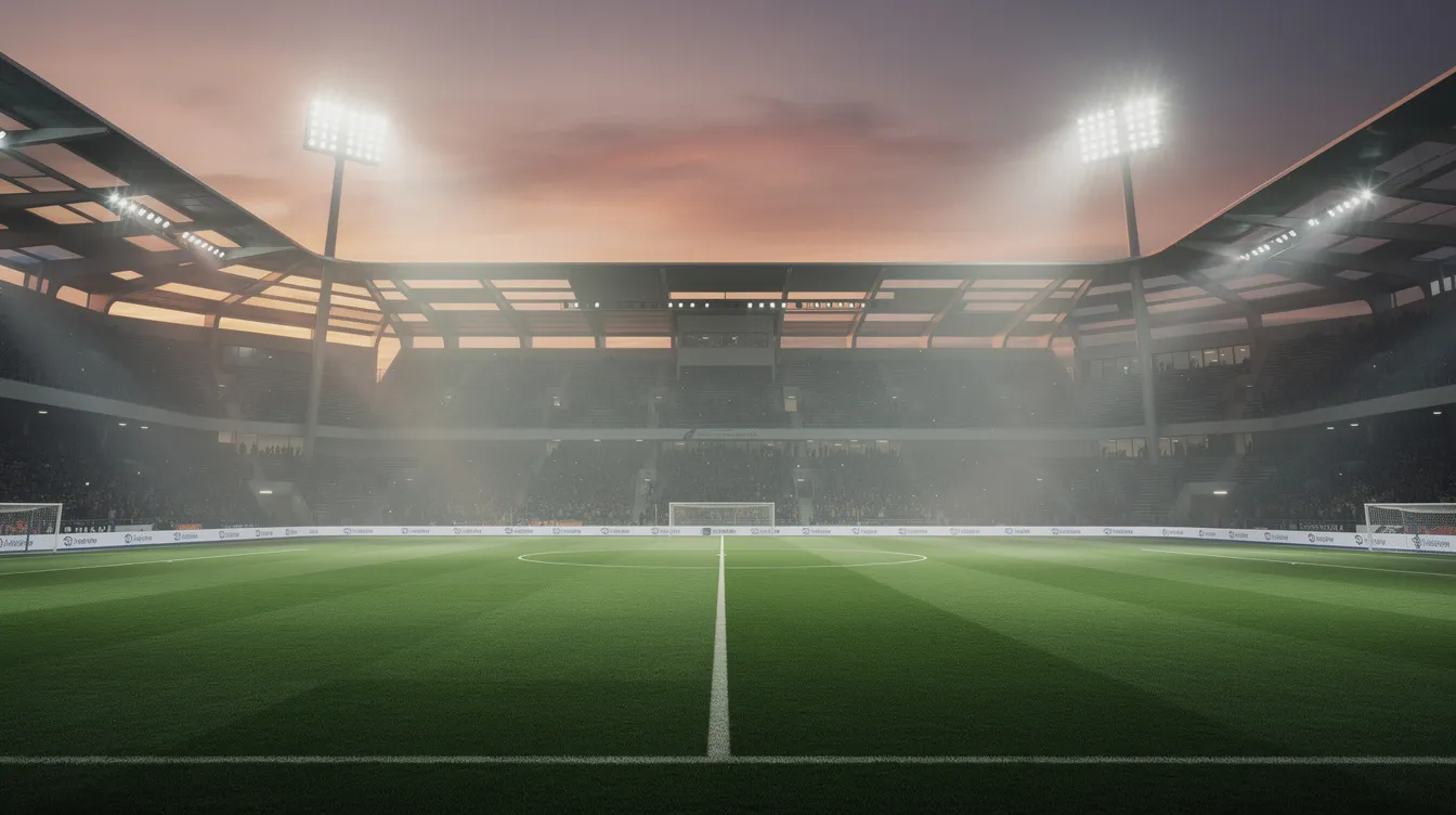 Ein modernes Fußballstadion erstrahlt bei Sonnenuntergang, während die leuchtenden Flutlichtmasten den grünen Rasen beleuchten. Diese beeindruckende Kulisse ist ein beliebter Treffpunkt für Fans von Weltklasse-Spielern wie Lionel Messi, der in der Major League Soccer für Inter Miami spielt.