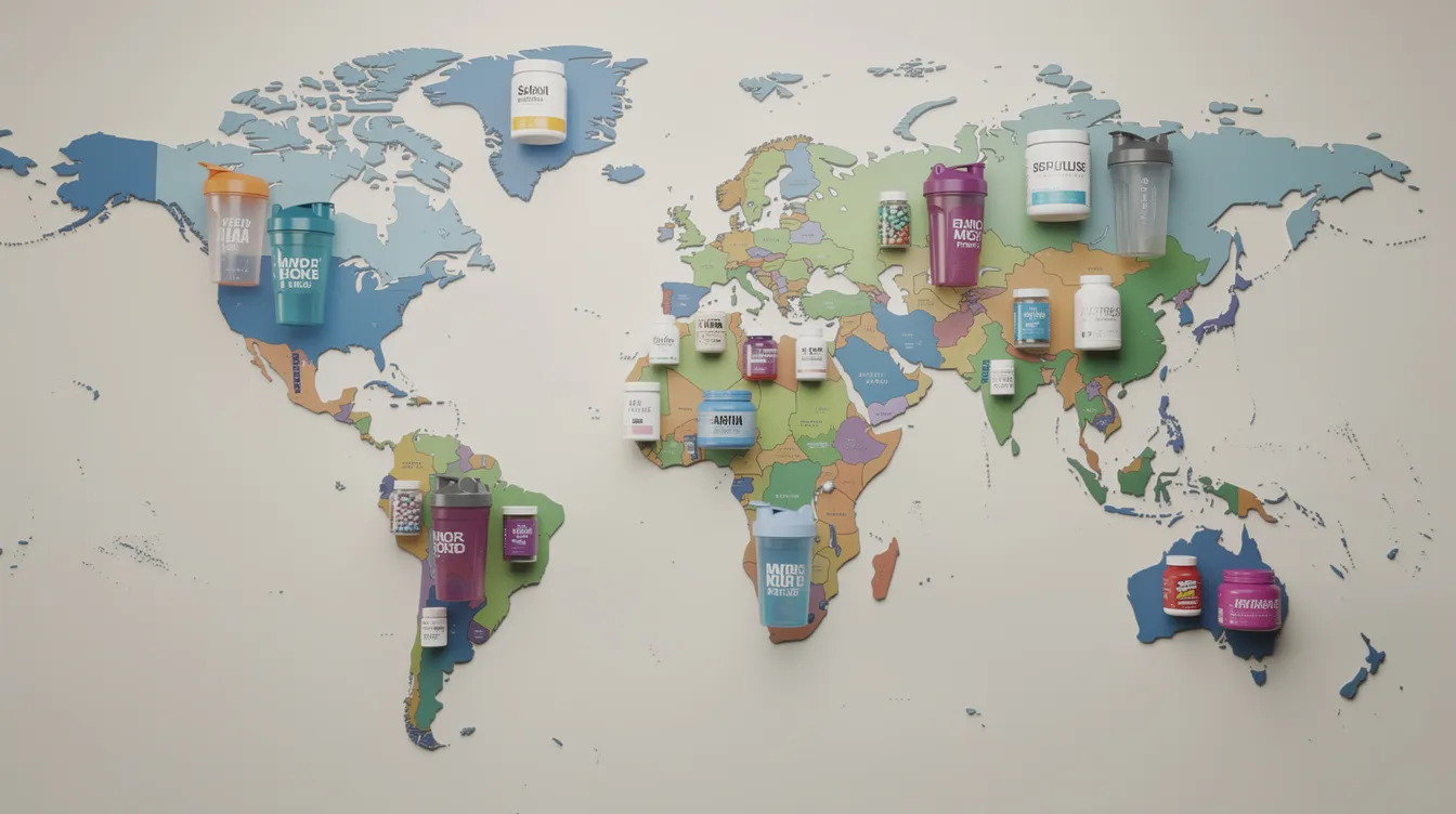 Die Weltkarte zeigt verschiedene Kontinente, auf denen Supplement-Dosen und Shaker-Flaschen verteilt sind, die auf die Bedeutung von elite sports nutrition und hochwertigen Produkten wie Proteinpulver hinweisen. Diese Darstellung symbolisiert die globale Reichweite von Marken wie ESN und More Nutrition in der Fitness- und Bodybuilding-Community.