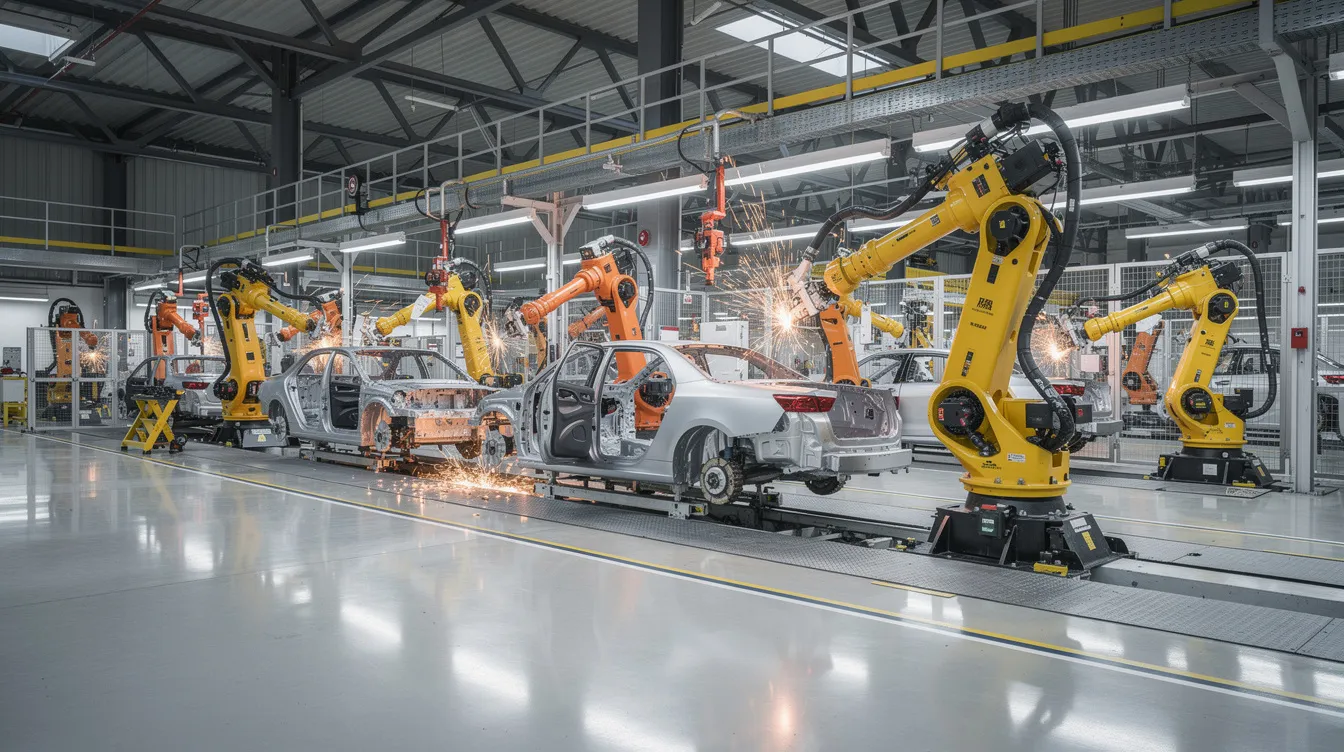 Das Bild zeigt eine moderne Automobilfabrik mit mehreren Roboterarmen, die an einer Fertigungsstraße arbeiten. Die hochentwickelte Technik symbolisiert die Effizienz in der Produktion der Automobilindustrie, die für Wirtschaftsingenieure interessante Karrierechancen und Verdienstmöglichkeiten bietet.