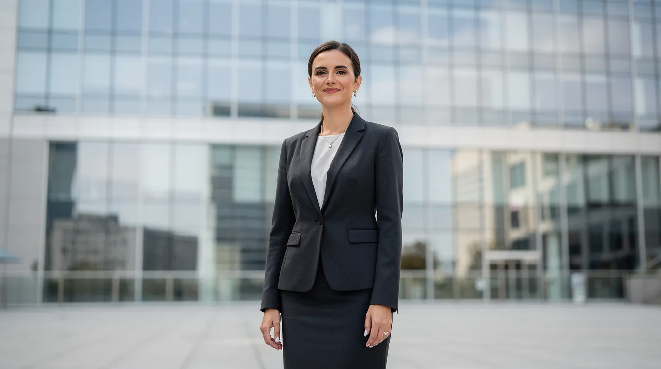 Eine professionelle Frau im Businesskostüm steht vor einem modernen Bürogebäude mit Glasfassade, das die fortschrittliche Architektur widerspiegelt. Ihr Auftreten strahlt Selbstbewusstsein und Kompetenz aus, was an die Rolle von Politikerinnen wie Katherina Reiche erinnert, die sich in den Bereichen Wirtschaft und Energie engagieren.