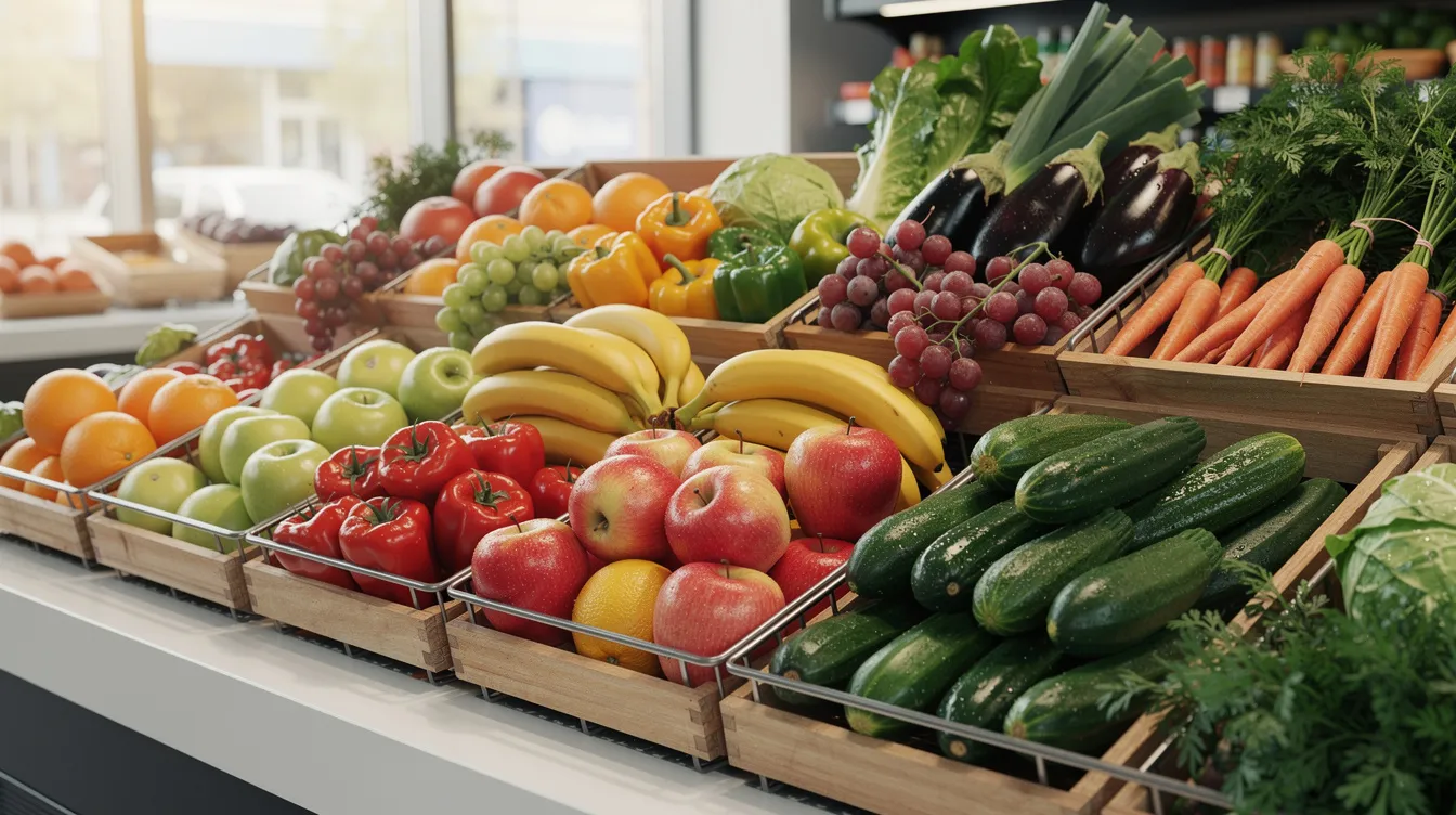 Auf der hellen Supermarkt-Theke sind sorgfältig ausgewählte frische Obst- und Gemüseprodukte aus dem Edeka Sortiment angeordnet, die in natürlichem Licht leuchten. Diese vielfältigen Lebensmittel stehen für echte Markenqualität mit Herz und bieten eine gute und günstige Auswahl für die Küche.
