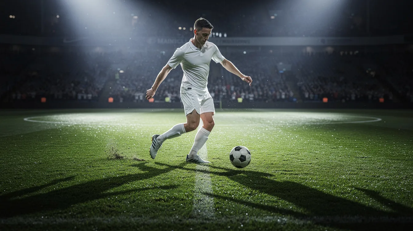 Ein Profifußballer im weißen Trikot führt auf einem Rasenplatz bei Flutlicht einen Ball. Diese Szene könnte einen Weltstar wie Lionel Messi darstellen, der für einen Top-Klub wie Inter Miami spielt und ein mega Gehalt von Millionen Dollar pro Jahr verdient.