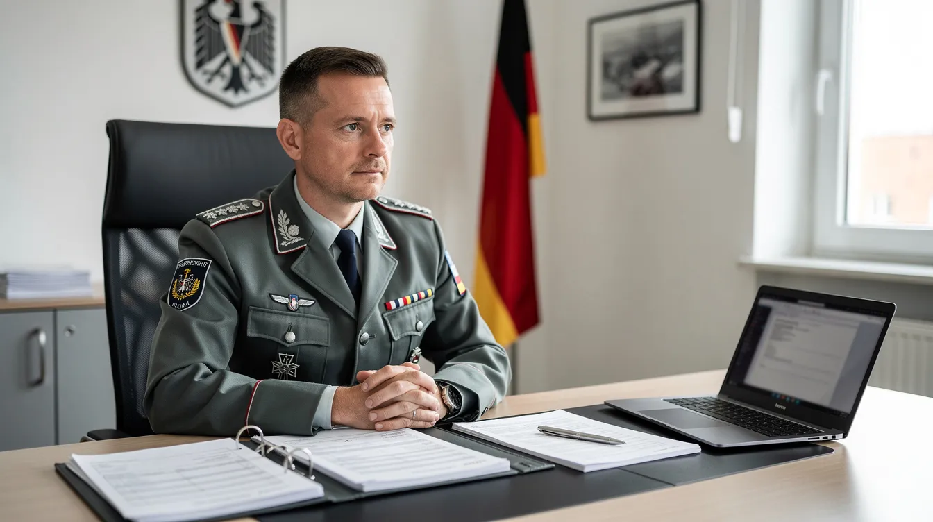 Ein Offizier der Bundeswehr in Dienstuniform sitzt an einem Schreibtisch, umgeben von Dokumenten und einem Laptop, während er seine Aufgaben im Rahmen seiner Verantwortung als Soldat erfüllt. Der Offizier könnte in einem höheren Dienstgrad wie Oberstleutnant tätig sein und sich mit Themen wie Besoldung und Vergütung beschäftigen.