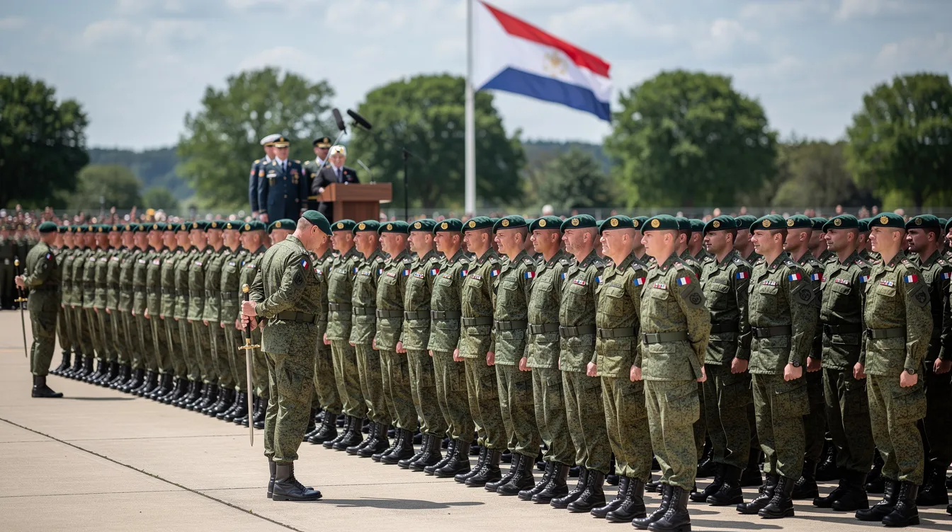 Eine Gruppe von Soldaten der Bundeswehr steht in Formation bei einer militärischen Zeremonie im Freien, gekleidet in ihre Uniformen, während Offiziere in höheren Dienstgraden, wie Oberstleutnant und Major, die Zeremonie leiten. Die Soldatinnen und Soldaten zeigen Disziplin und Zusammenhalt, was die Verantwortung und den Stolz ihrer militärischen Laufbahn widerspiegelt.