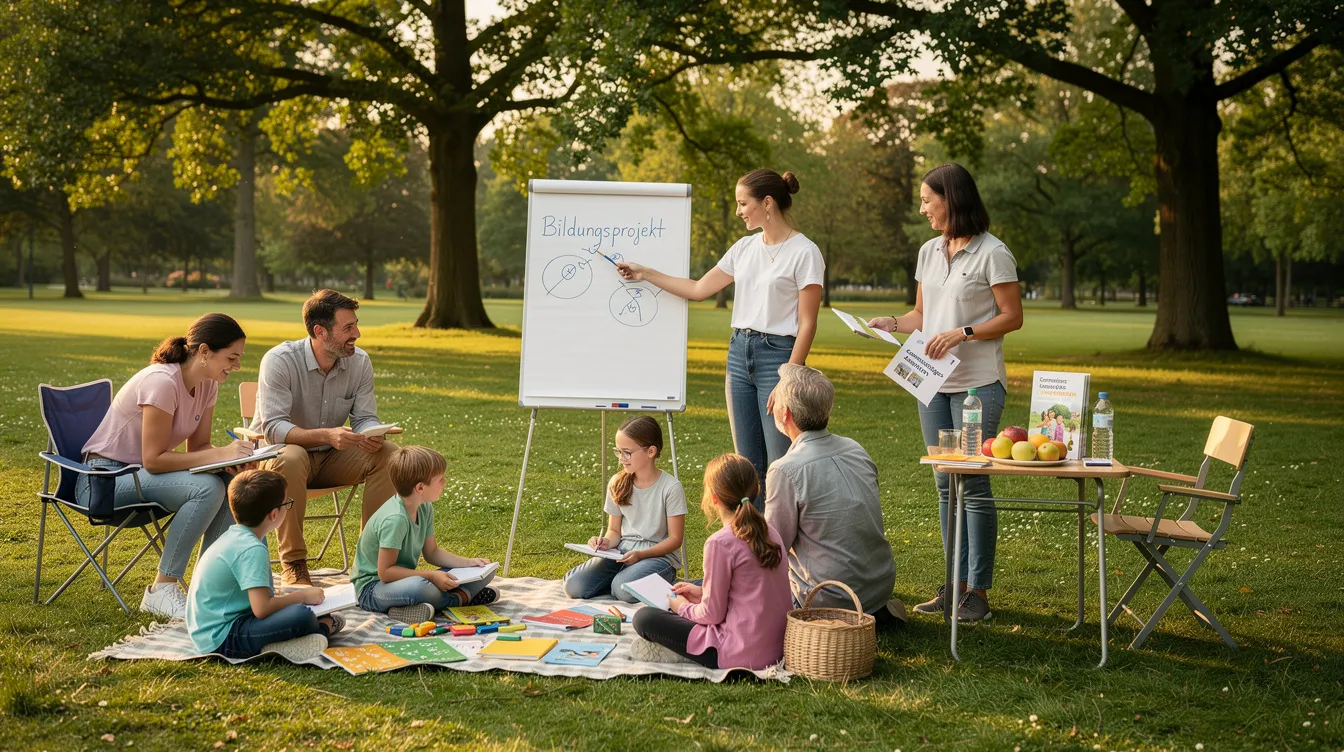 Eine Gruppe von Menschen engagiert sich bei einem gemeinnützigen Bildungsprojekt in einer grünen Parklandschaft, wo sie gemeinsam Ideen austauschen und an der Gründung einer Stiftung arbeiten. Die Atmosphäre ist von Zusammenarbeit und dem Ziel geprägt, Bildung und Hilfe für die Gemeinschaft zu fördern.