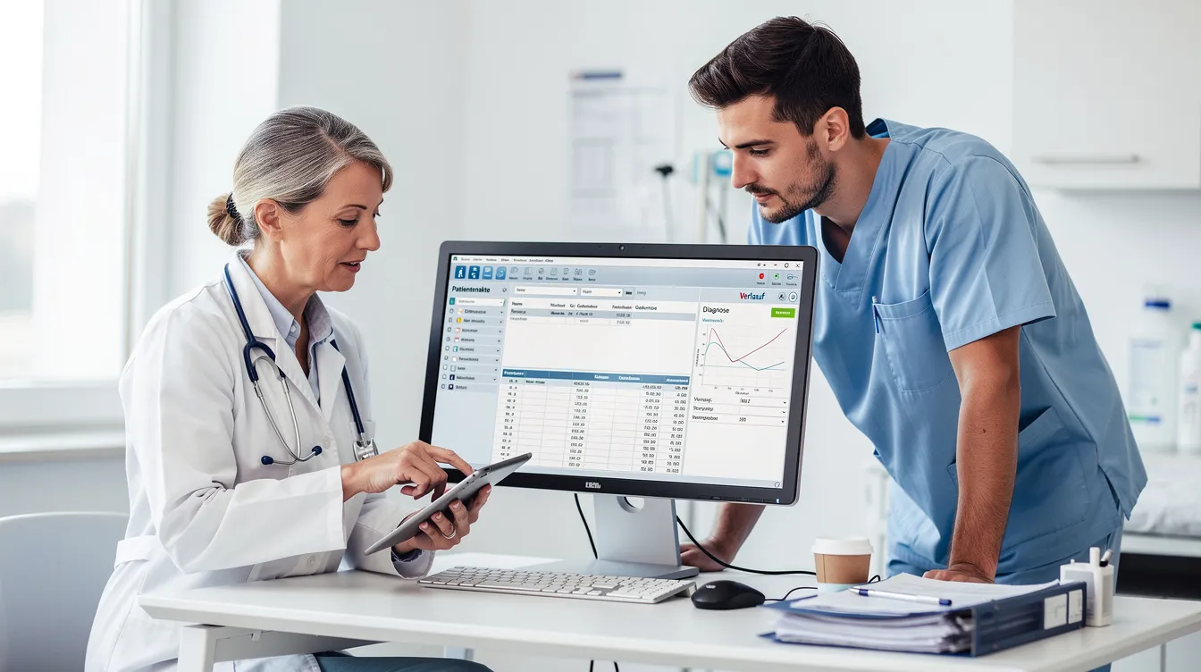 Zwei medizinische Fachkräfte, darunter ein Arztassistent, stehen an einem Klinikarbeitsplatz und besprechen Patientendaten. Auf dem Tisch liegen Dokumente und ein Computer, während sie sich über die Aufgaben im Gesundheitswesen austauschen.