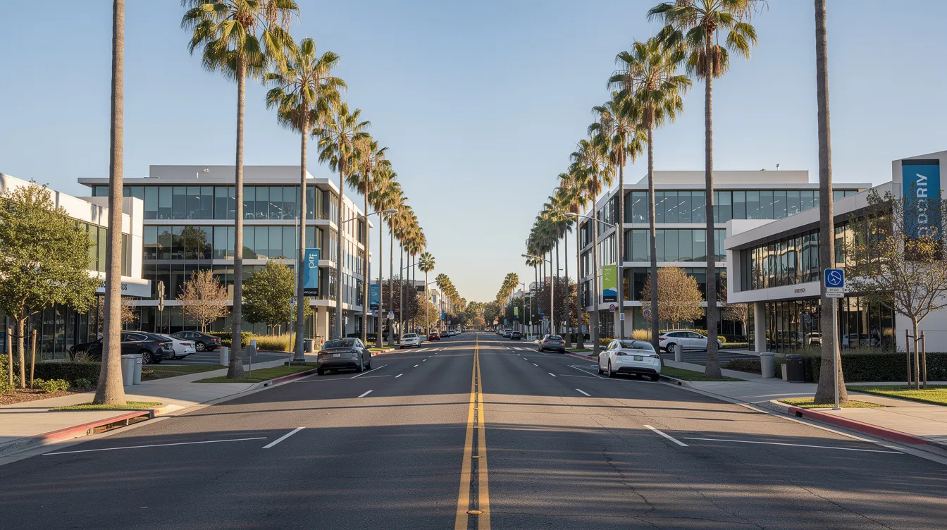 Das Bild zeigt eine ruhige Straße im Silicon Valley, gesäumt von hohen Palmen, während moderne Bürogebäude im Hintergrund sichtbar sind. Diese Umgebung ist charakteristisch für die Innovationsszene, in der Unternehmen wie PayPal und andere Start-ups ansässig sind.