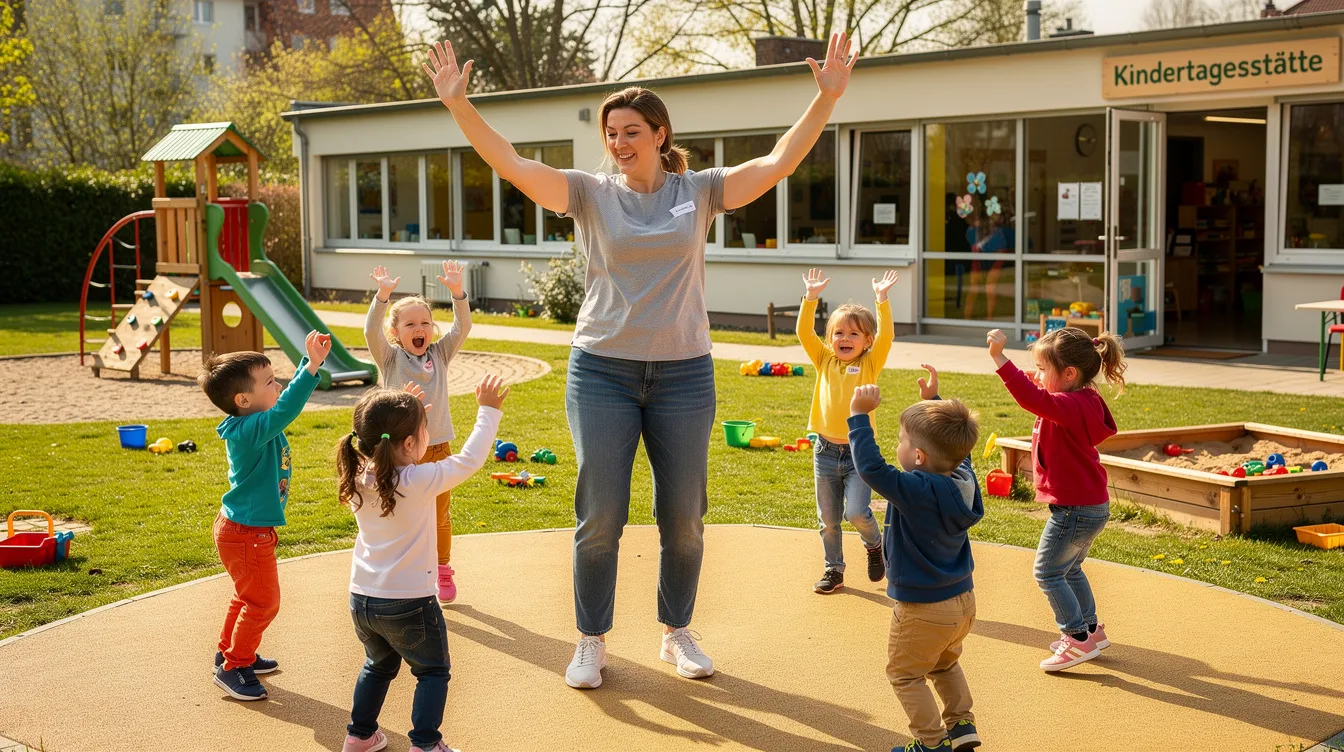 Eine Erzieherin leitet eine Bewegungsaktivität mit Kindern im Außenbereich einer Kindertagesstätte, während die Kinder fröhlich spielen und sich bewegen. Diese praxisintegrierte Ausbildung zur staatlich anerkannten Erzieherin fördert die körperliche Entwicklung und das soziale Miteinander der Kinder in der Einrichtung.