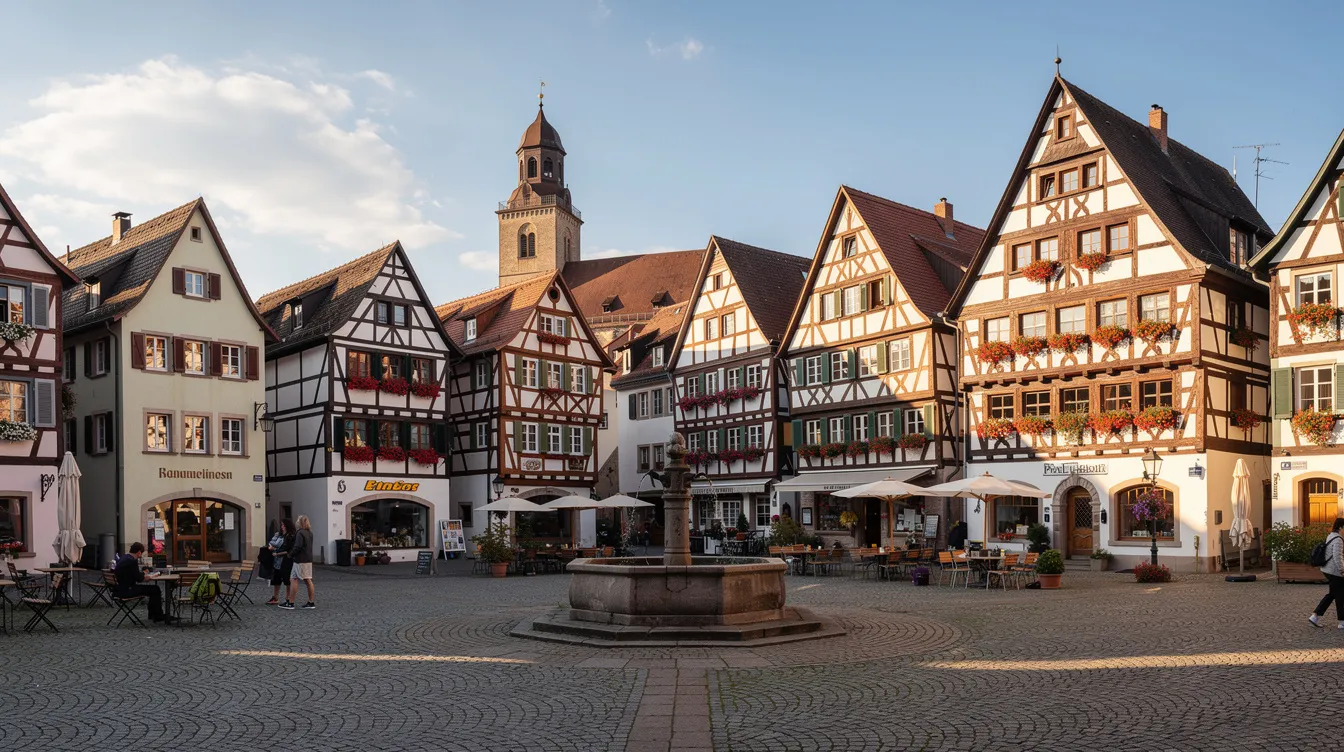 Das Bild zeigt einen malerischen Blick auf eine historische Innenstadt in Süddeutschland, geprägt von charmanten Fachwerkhäusern und einem lebhaften Marktplatz. Im Hintergrund sind die typischen Elemente des regionalen Lebens zu erkennen, die das Unternehmertum und die Kultur dieser Gegend widerspiegeln.