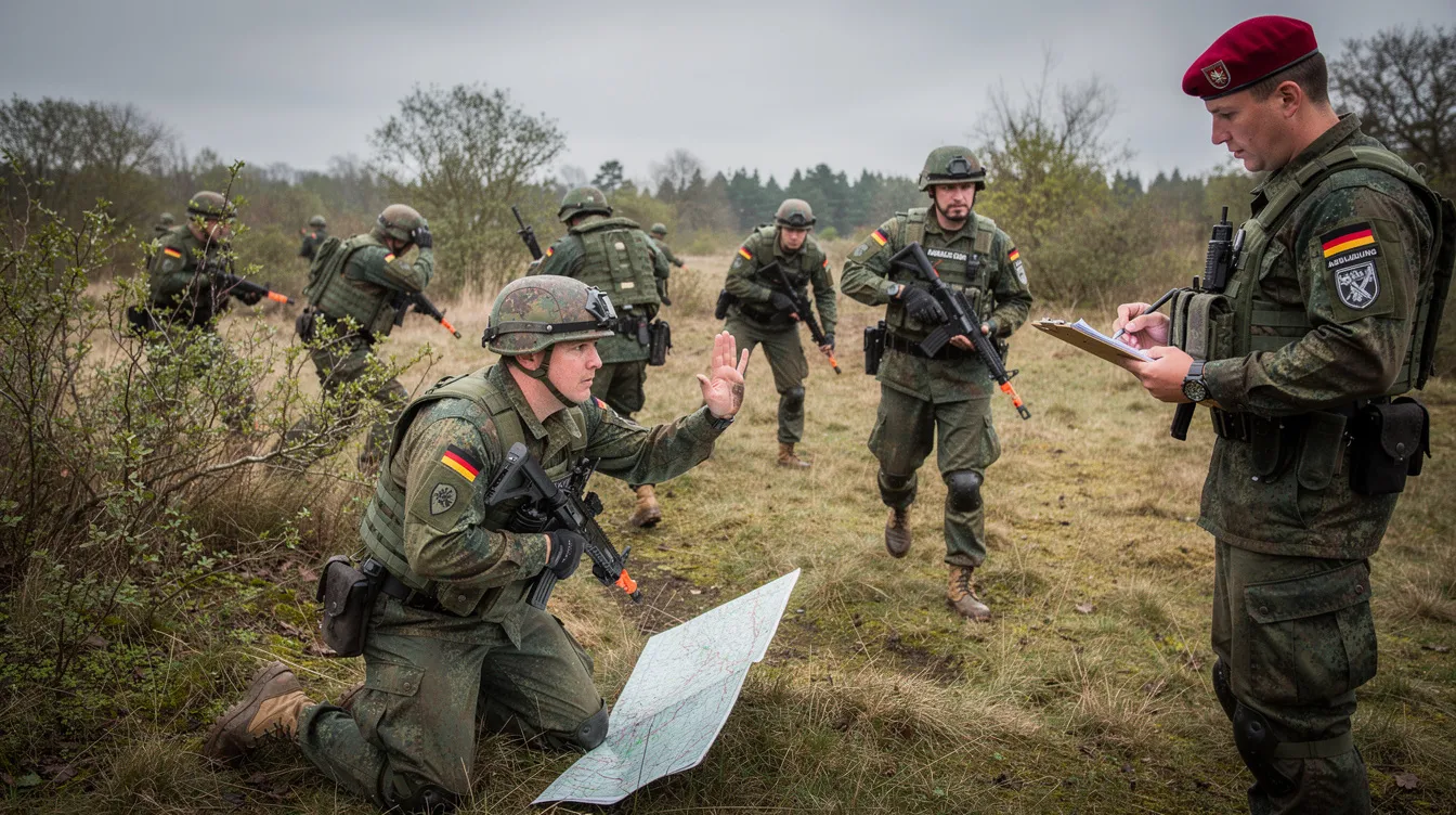 Auf dem Bild sind Offizieranwärter der Bundeswehr während einer Ausbildungsübung im Gelände zu sehen. Sie tragen Uniformen und zeigen verschiedene militärische Manöver, die für ihre zukünftige Laufbahn als Offiziere wichtig sind.