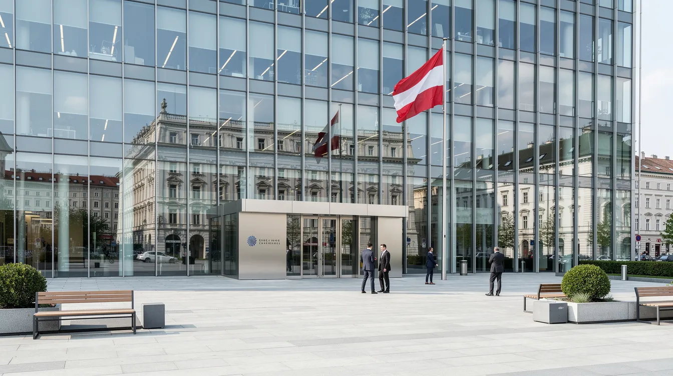 Das Bild zeigt ein modernes Bürogebäude aus Glas in Wien, das von einer professionellen Unternehmensatmosphäre geprägt ist. Vor dem Gebäude weht die österreichische Flagge, während die Architektur durch klare Linien und große Fenster besticht, die einen Einblick in die Arbeitswelt der Unternehmerfamilie Reimann ermöglichen.