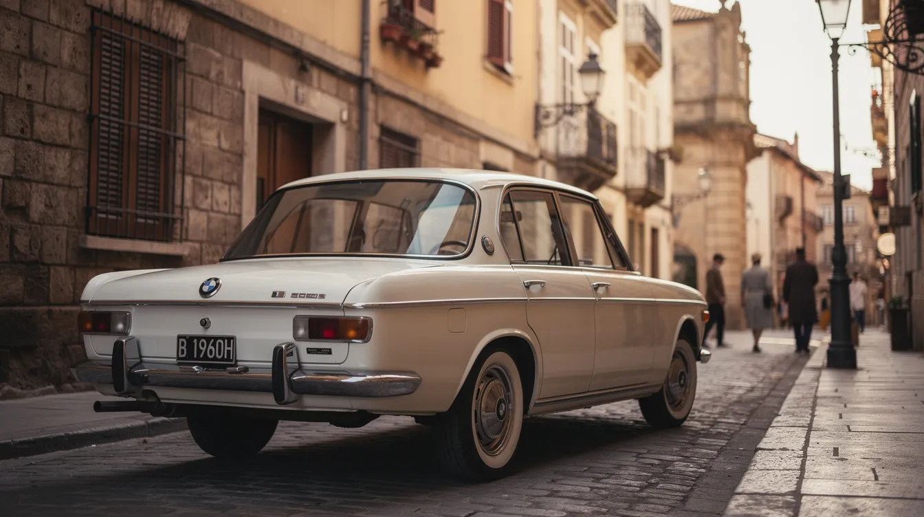 Ein klassischer BMW Mittelklassewagen aus den 1960er-Jahren fährt auf einer Straße, umgeben von einer historischen Stadtkulisse mit alten Gebäuden. Diese Szenerie spiegelt den Charme vergangener Zeiten wider und erinnert an die industrielle Geschichte der Familie Quandt.