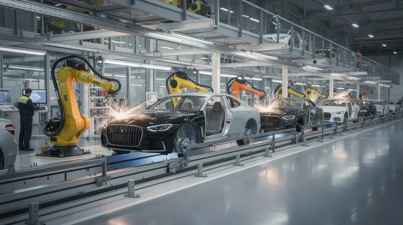 Die moderne Automobilfabrik zeigt eine hochautomatisierte Produktionslinie für Luxusfahrzeuge, in der Roboter effizient arbeiten. Diese Technologie steht im Einklang mit dem Erbe der Familie Quandt, einer bedeutenden industriellen Familie in Deutschland, bekannt für ihre Beteiligungen an BMW und anderen Unternehmen.
