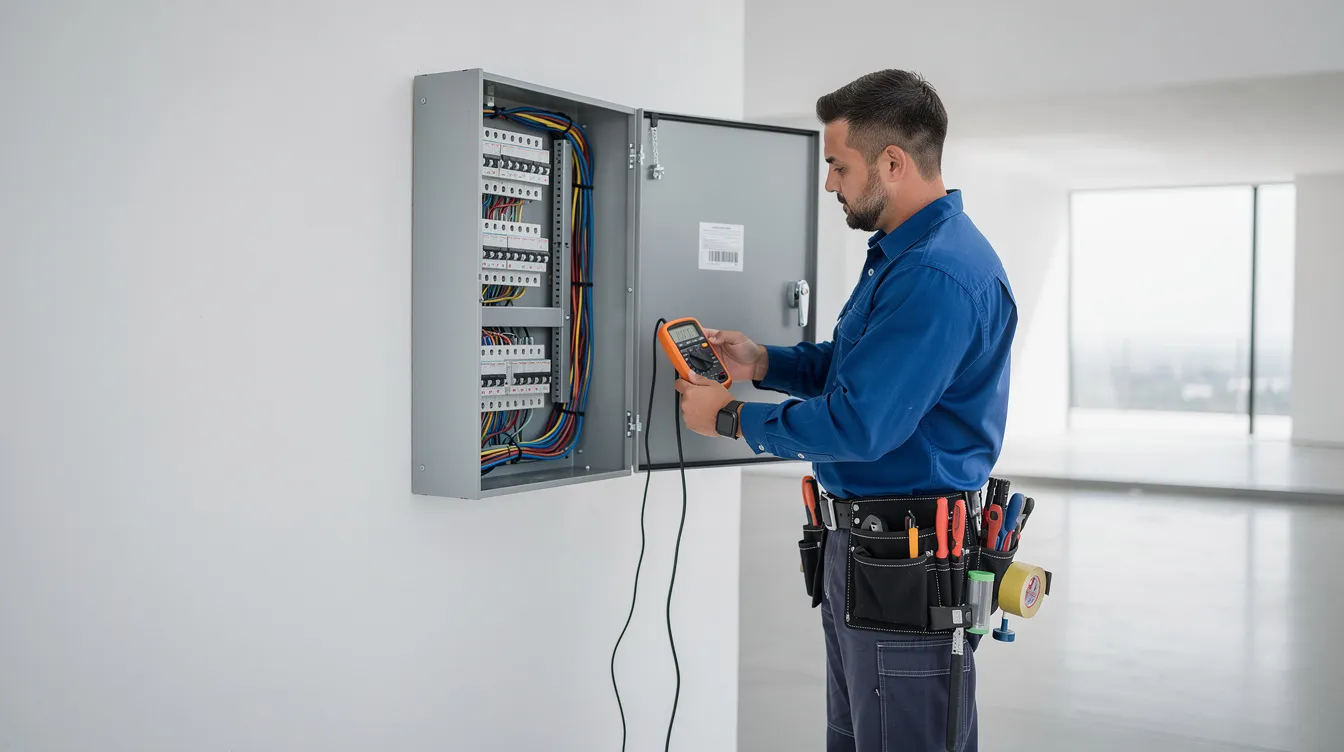 Ein Elektriker installiert einen Sicherungskasten in einem modernen Gebäude, während er einen Werkzeuggürtel und ein Messgerät trägt. Diese Tätigkeit ist ein wichtiger Bestandteil der Gebäudetechnik und erfordert sowohl handwerkliches Geschick als auch Fachkenntnisse in der Elektrotechnik.