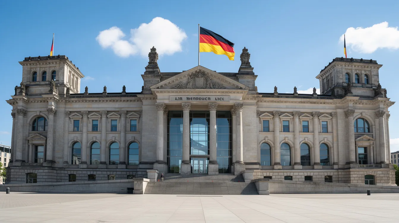 Das Bild zeigt ein beeindruckendes Regierungsgebäude mit klassischer Architektur, vor dem eine deutsche Flagge im Wind weht. Der strahlend blaue Himmel hinterlässt einen klaren Eindruck von der politischen Bedeutung des Ortes, der eng mit der deutschen Bundesregierung und ihren Ministerien, wie dem Bundesministerium für Wirtschaft, verbunden ist.