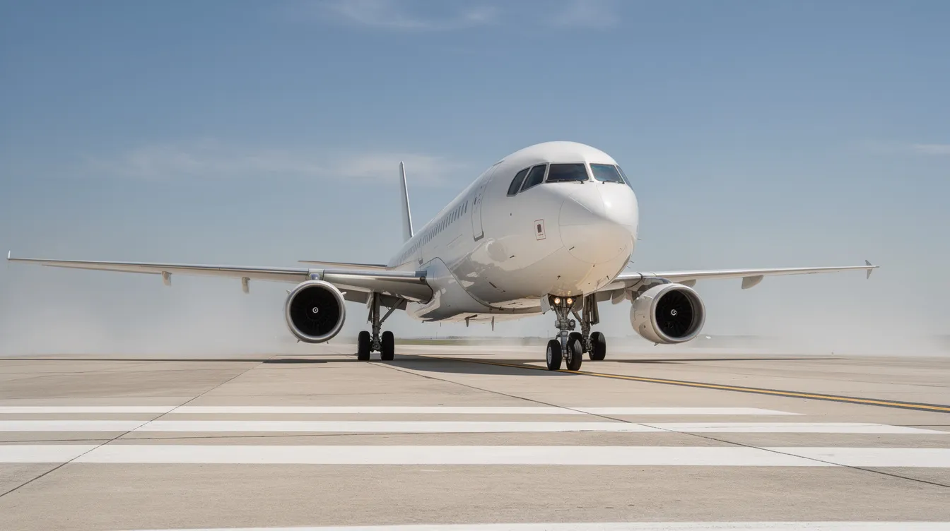 Ein großes Passagierflugzeug steht auf einer Startbahn unter einem strahlend blauen Himmel, bereit zum Abheben. Diese Szene vermittelt den Eindruck eines aufregenden Jobs als Pilot oder Co-Pilot, der mit einer spannenden Karriere in der Airline-Branche verbunden ist.