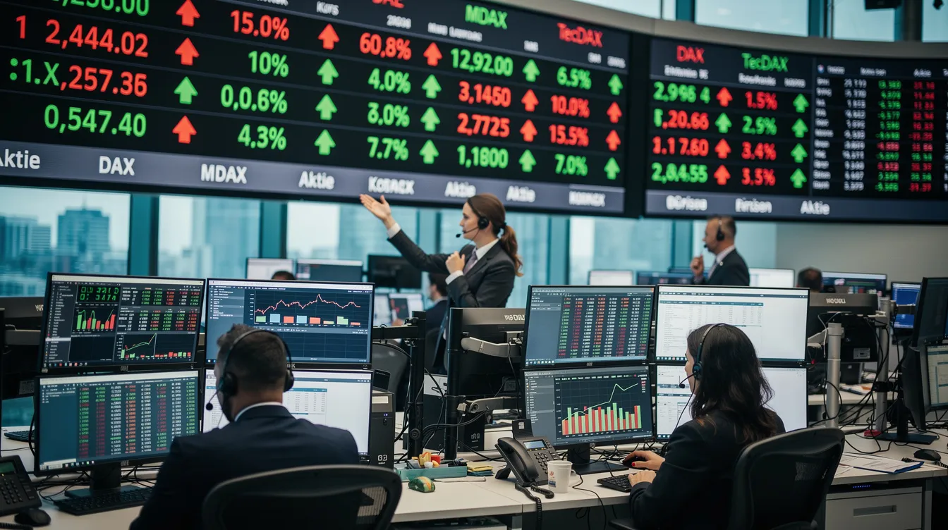 Das Bild zeigt den Aktienhandel an einer Börse, wo Händler vor digitalen Kursdisplays stehen und die aktuellen Aktienkurse verfolgen. Im Hintergrund sind geschäftige Szenen von Händlern zu sehen, die Entscheidungen über Investitionen in Unternehmen wie PayPal Holdings Inc. treffen.